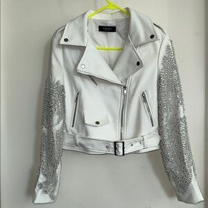 AKIRA Small-White Leather Moto Jacket with Silver Embellishments